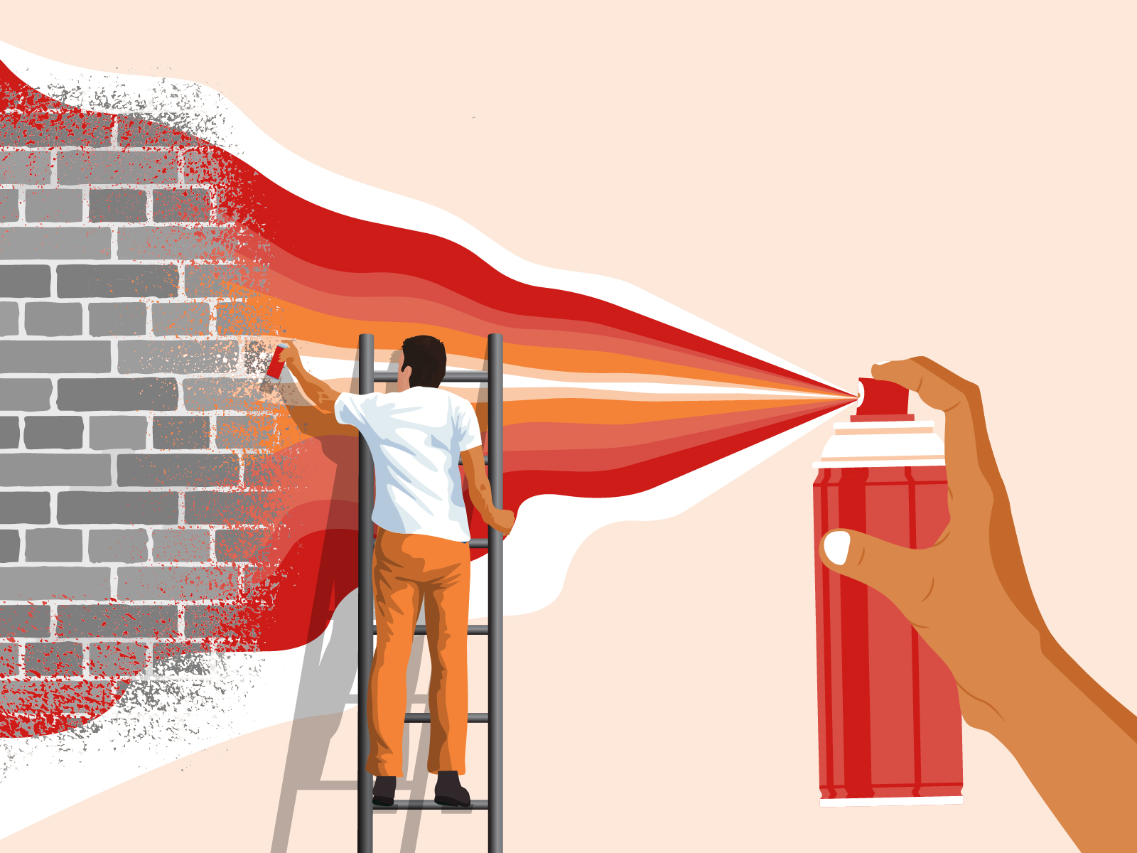 Illustration of a person standing on a ladder and spray painting a brick wall a mural of a larger hand spray abstractly painting colour on the same brick wall.