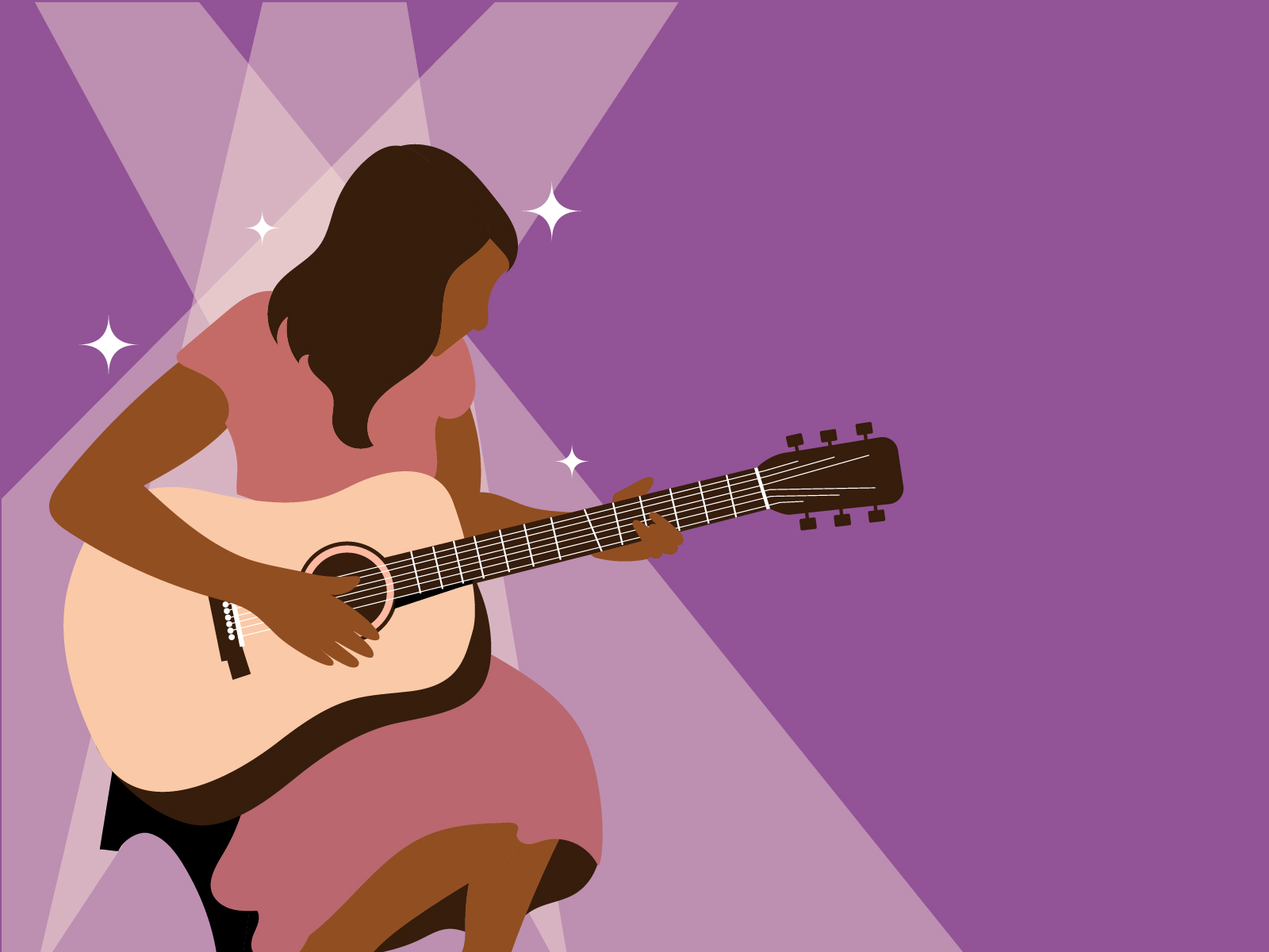 “Illustration of a person playing an acoustic guitar against a purple background with three spotlights behind them.