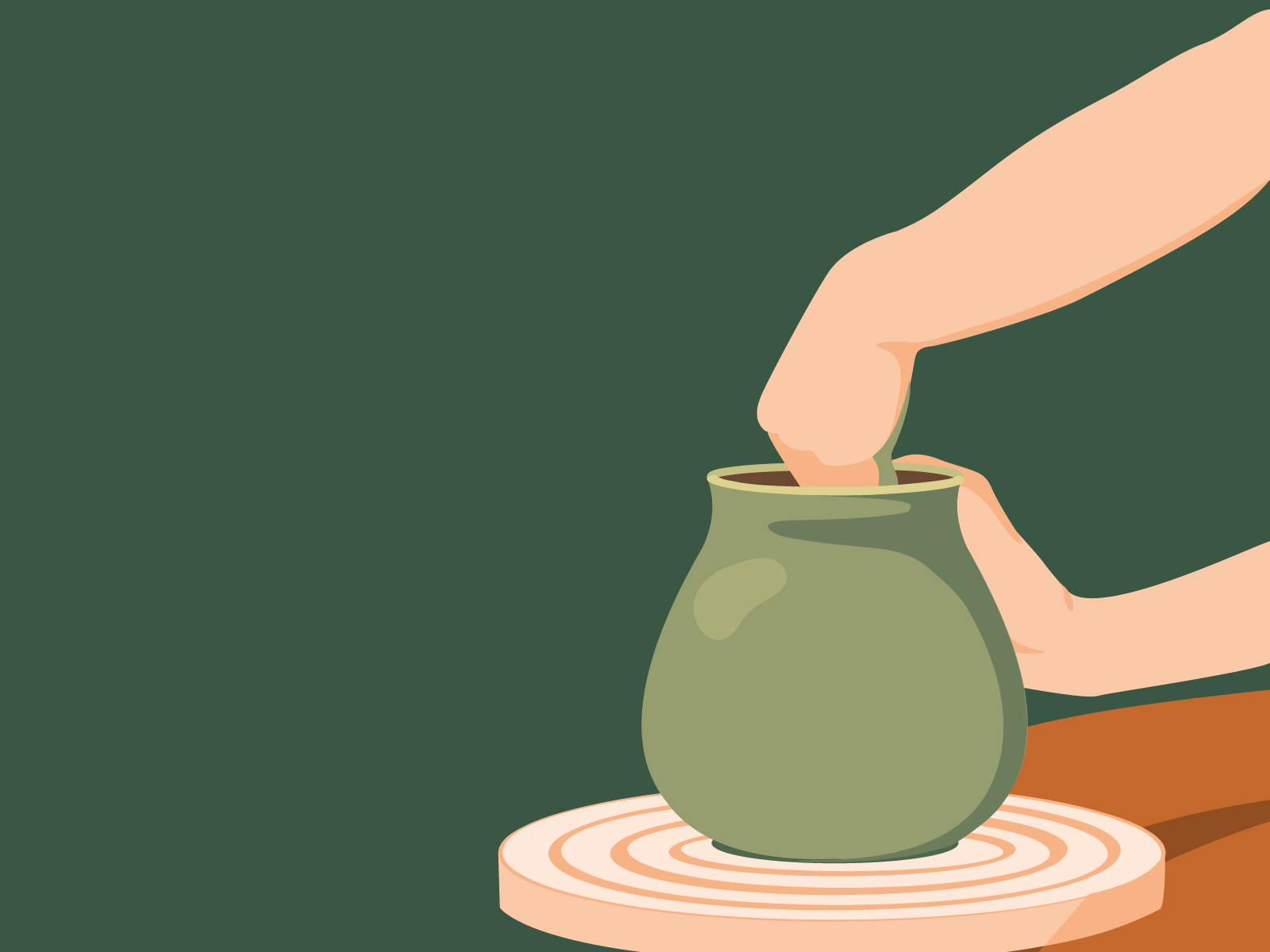 Illustration of person’s hand shaping pottery on a pottery wheel.
